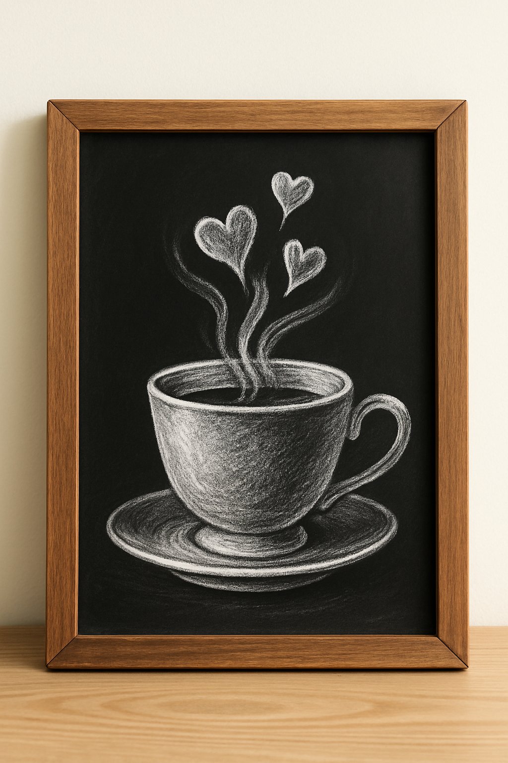 A wood-framed chalkboard sign displaying a chalk drawing of a teacup with heart-shaped steam on a clean background.