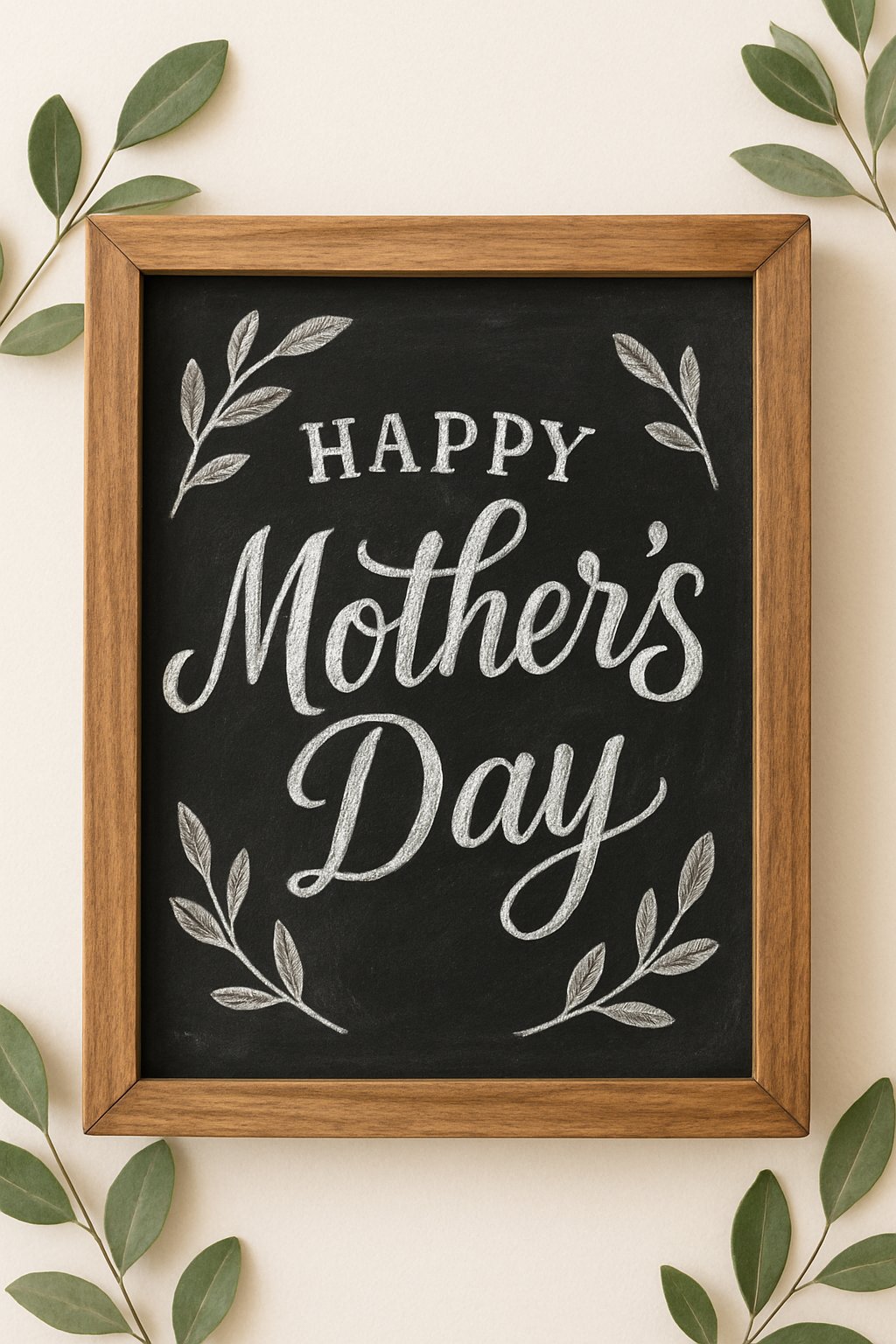 A wood-framed chalkboard sign decorated with minimalist leaves around the edges, set against a clean background with natural lighting.