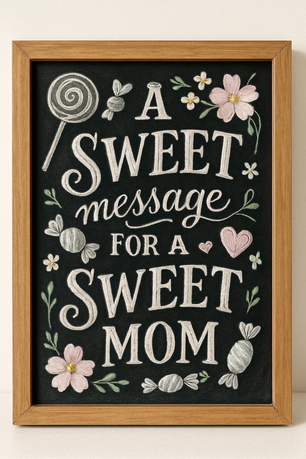 A wooden framed chalkboard sign with decorative candy illustrations and floral accents, set against a plain background.