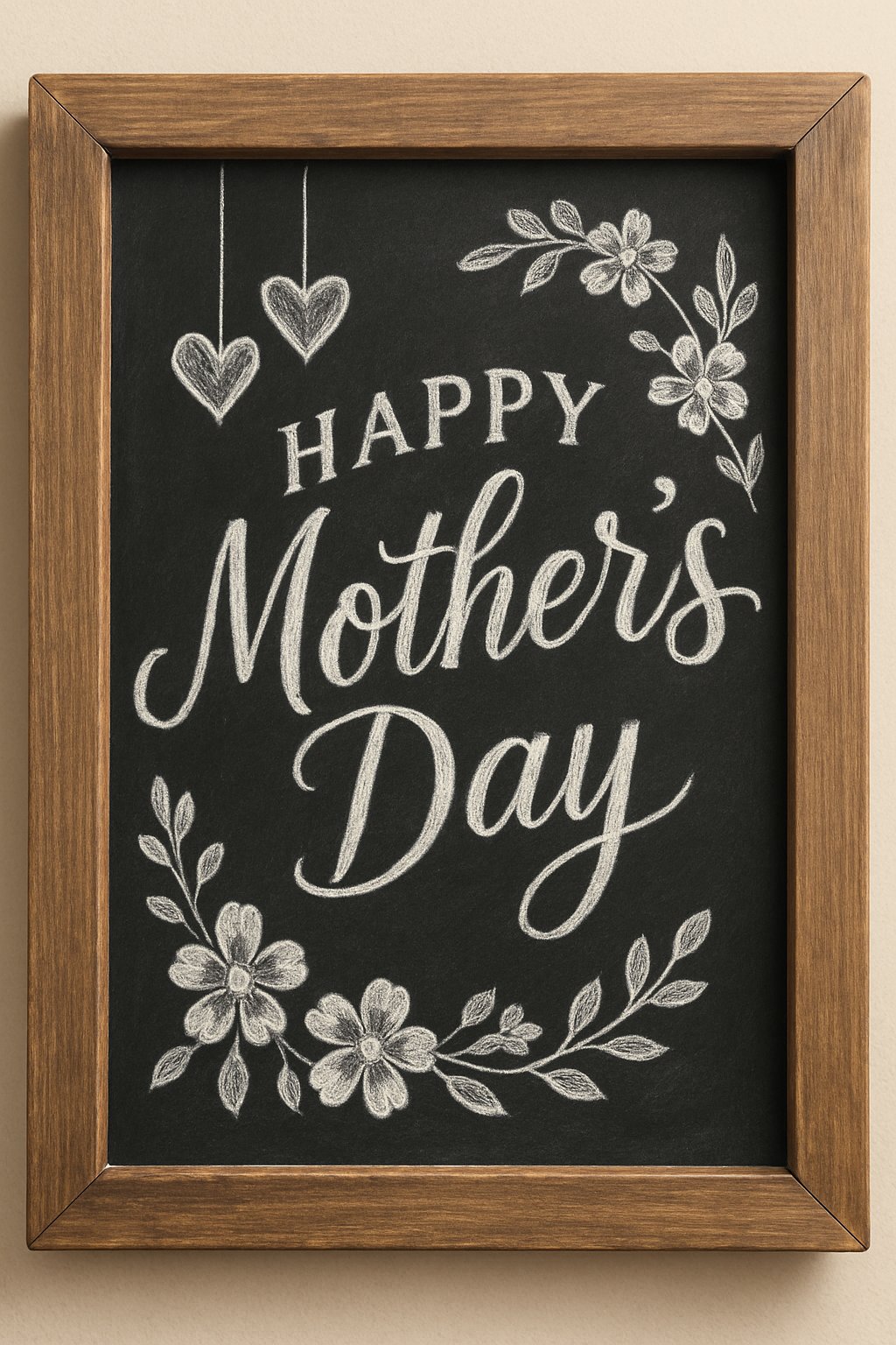 A wood framed chalkboard sign with decorative hearts and flowers on a black background.