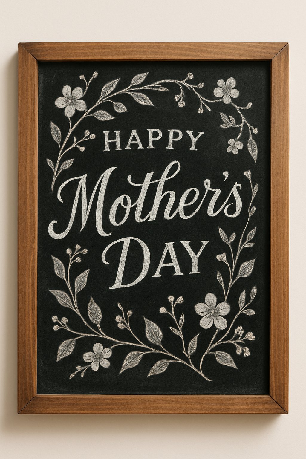 A wood-framed chalkboard sign decorated with curling vines and spring flowers surrounding artistic chalk lettering.