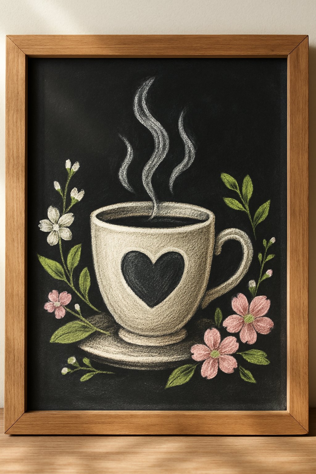 A wood-framed chalkboard sign displaying a heart-shaped tea mug with steam and floral accents on a clean dark background.