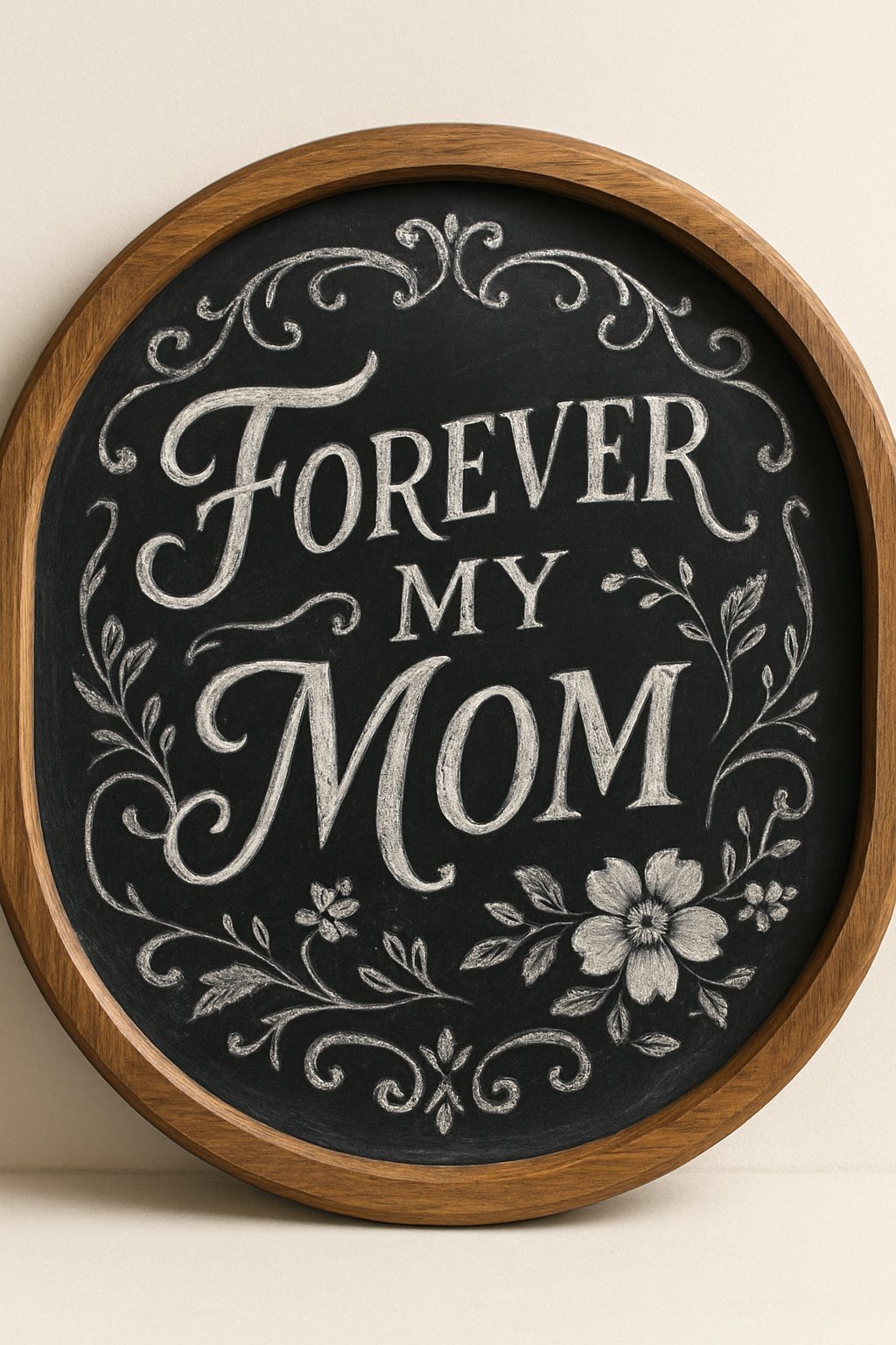 A round wooden framed chalkboard with decorative filigree designs, displayed against a clean background with soft natural light.