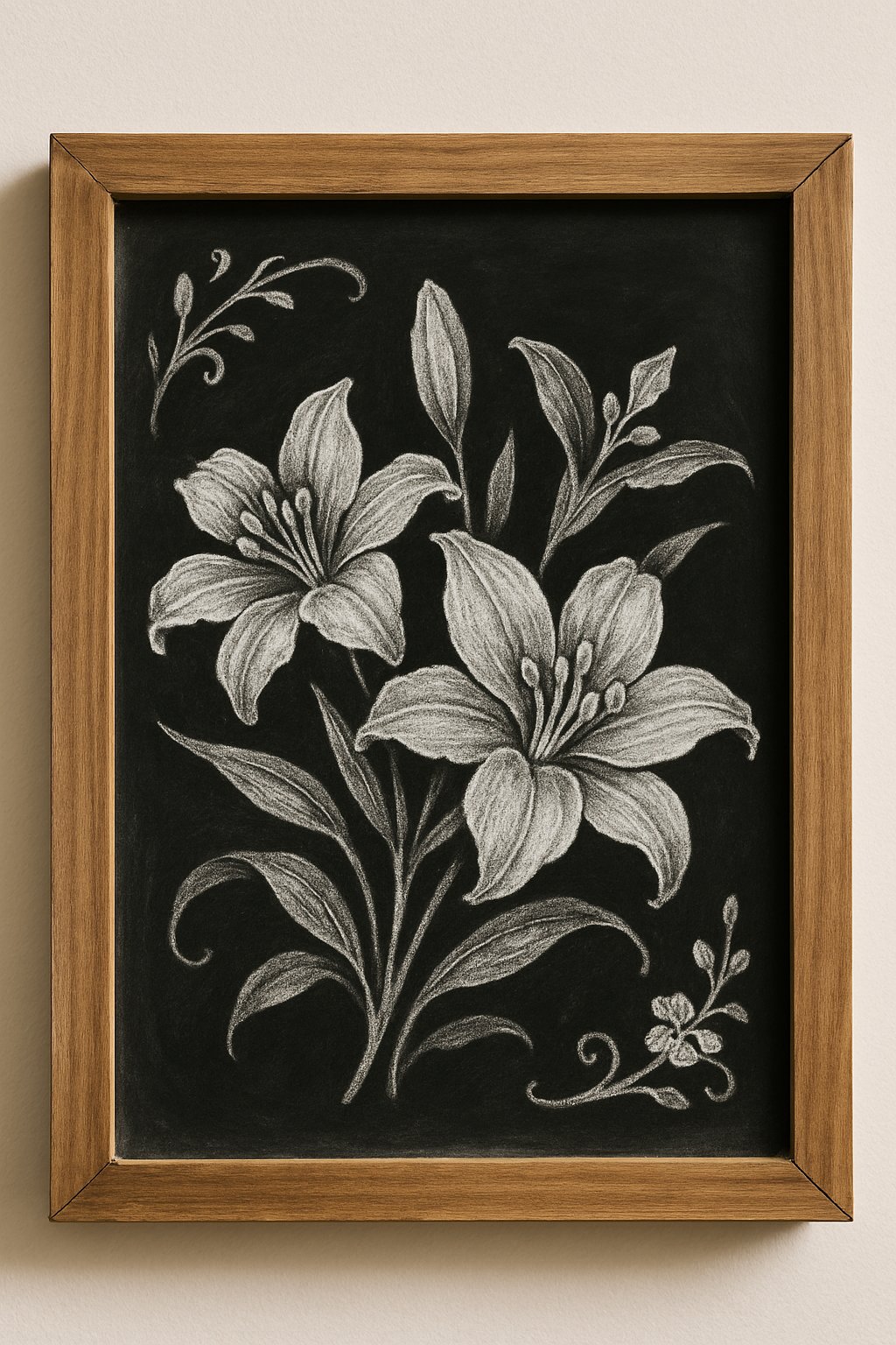 A wood framed chalkboard sign decorated with hand-drawn lilies and floral designs.