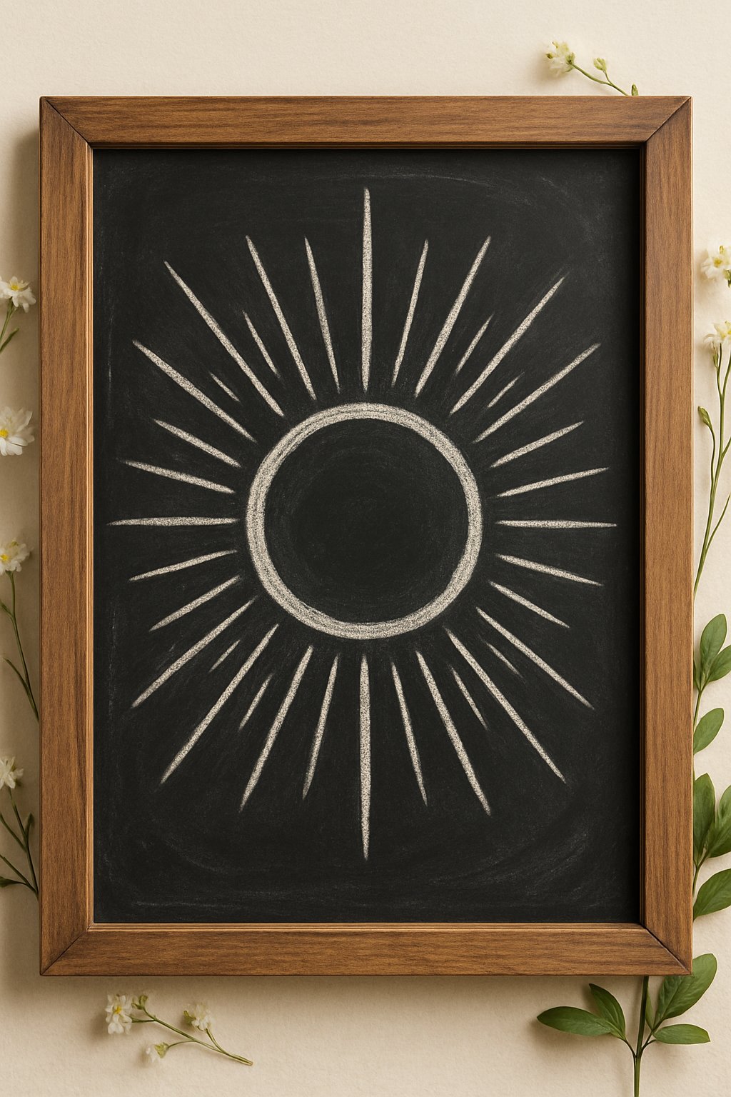 A wood framed chalkboard with a sunburst pattern and artistic chalk designs surrounded by spring flowers on a clean surface.