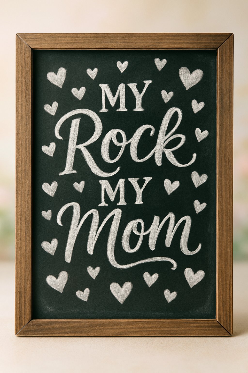 A wood-framed chalkboard with artistic chalk drawings of hearts raining down, set against a clean background with natural lighting.