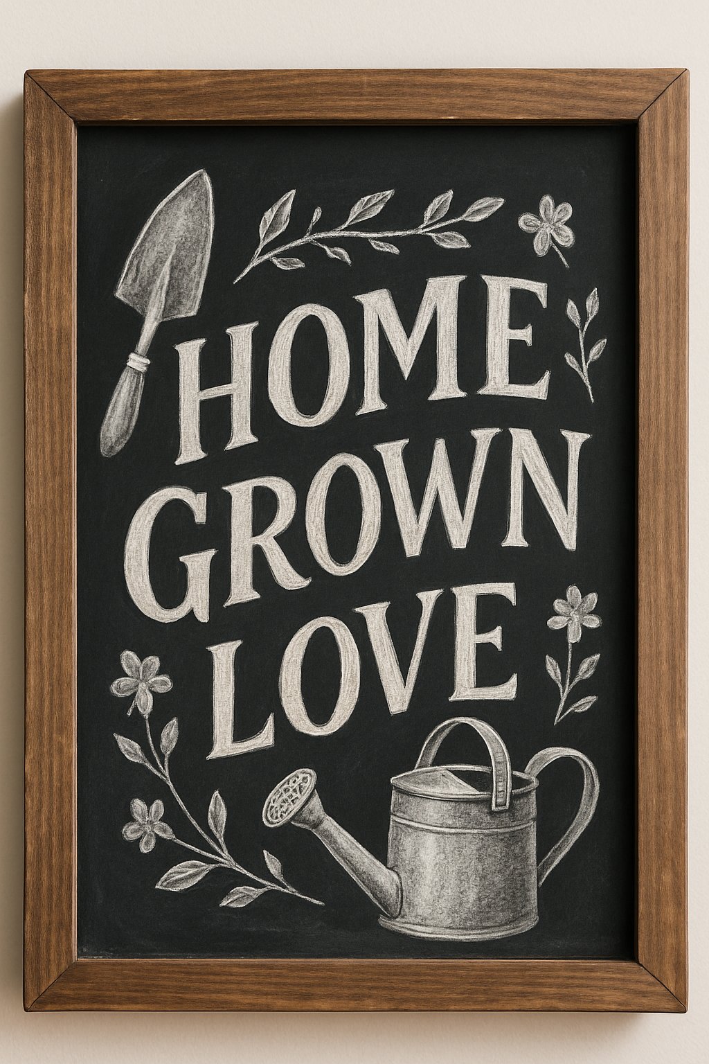 A wooden framed chalkboard sign with artistic chalk drawings of garden tools and floral accents on a clean black surface, illuminated by soft natural light.