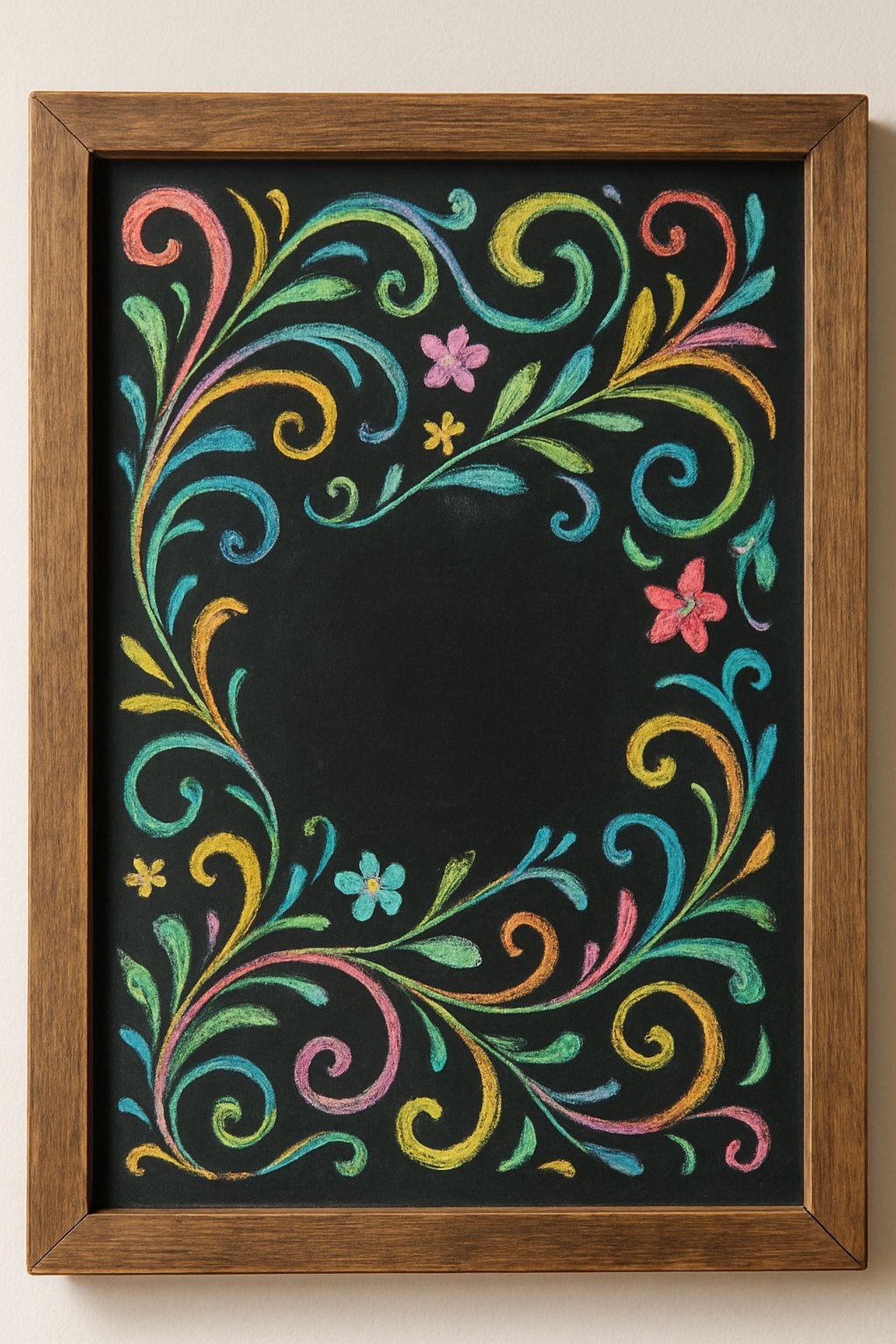 A wood framed chalkboard with colorful chalk swirls and floral decorations on a clean surface, lit by natural light.