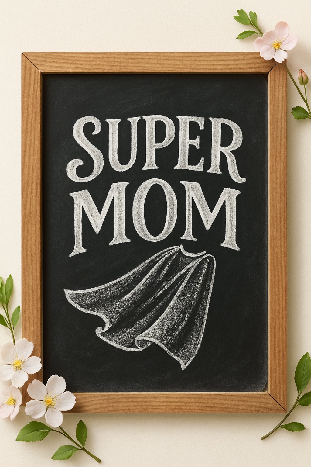 A wooden framed chalkboard with artistic chalk drawings of a cape and spring flowers placed on a clean surface with natural light.