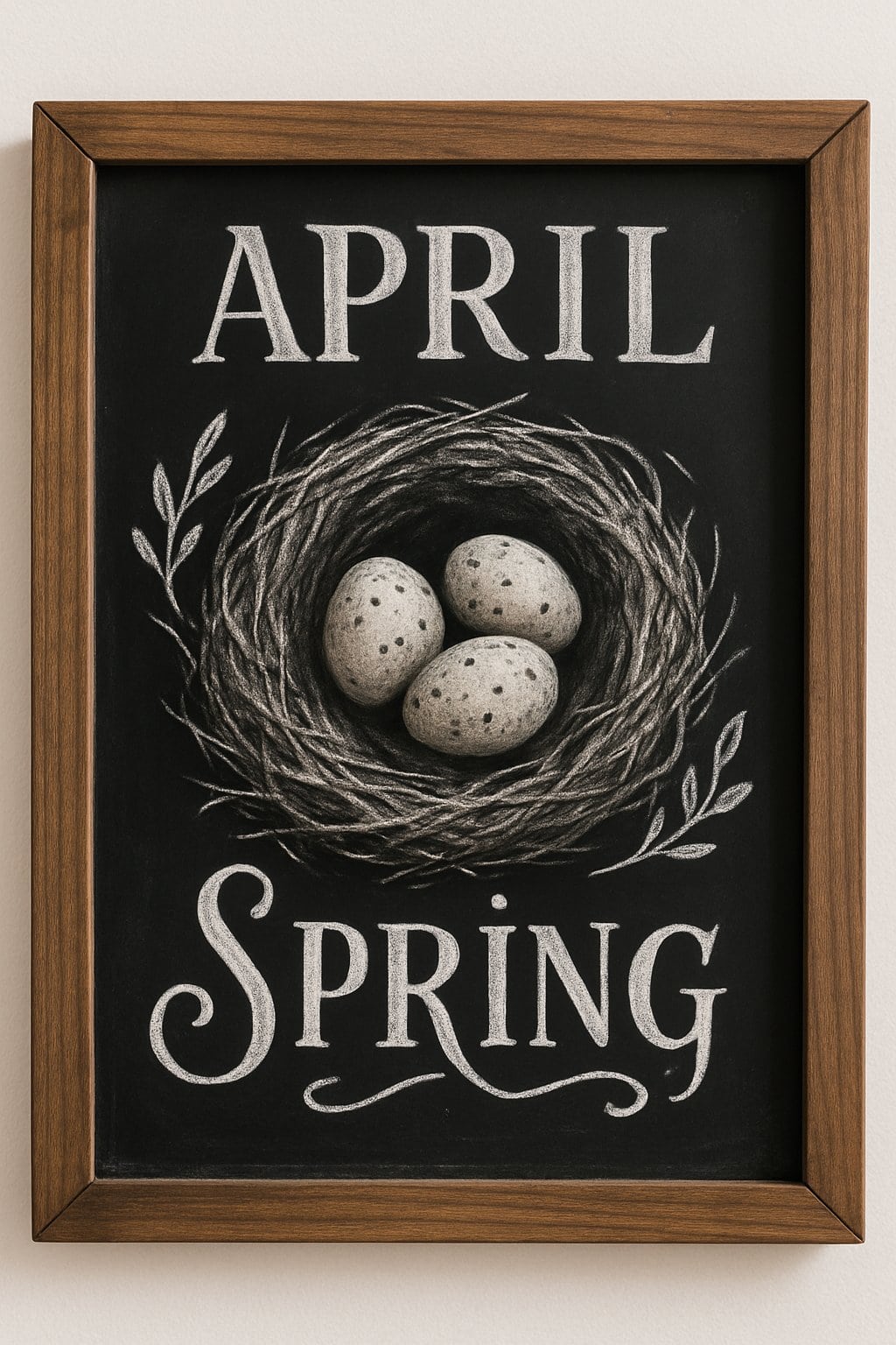 A wood-framed chalkboard showing a chalk drawing of a nest filled with speckled eggs.