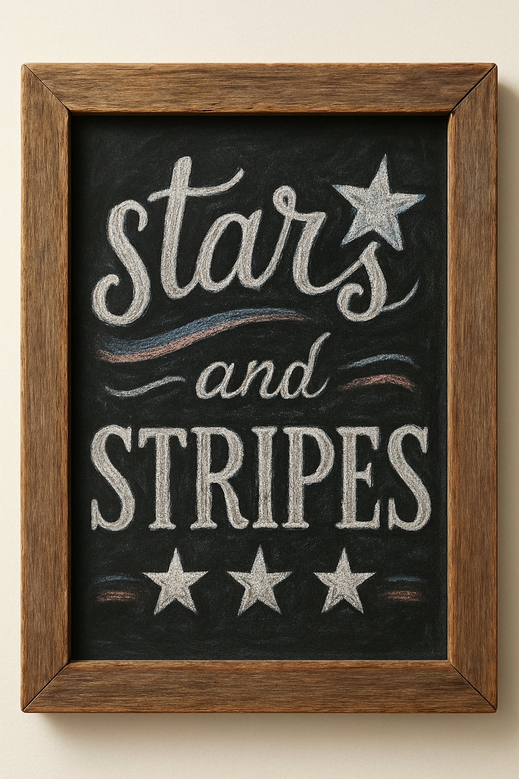 A rustic wood-framed chalkboard sign with artistic chalk lettering and a clean background, illuminated by natural light.
