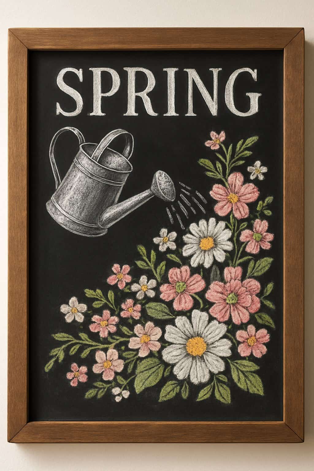 A wood-framed chalkboard sign depicting a vintage watering can pouring flowers.