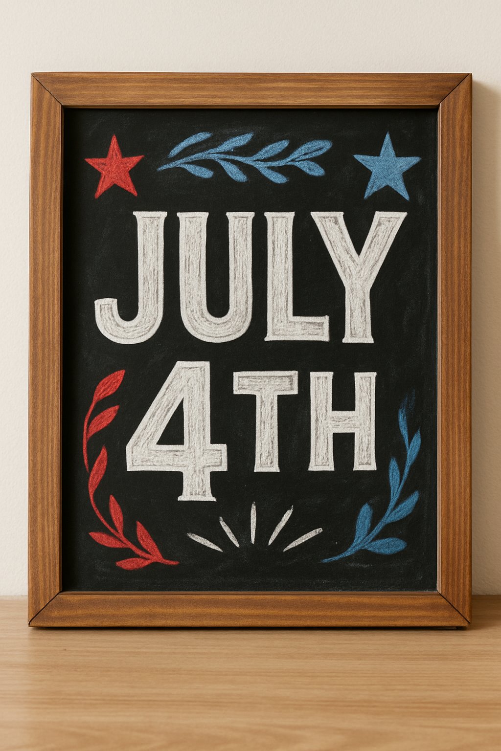 A wood framed chalkboard sign with bold block letters and decorative patriotic accents on a clean background.