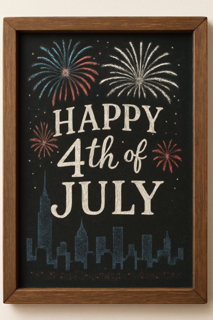 A framed chalkboard sign with "HAPPY 4th of JULY" written in large letters, fireworks in red, white, and blue above, and a city skyline drawn in blue at the bottom.