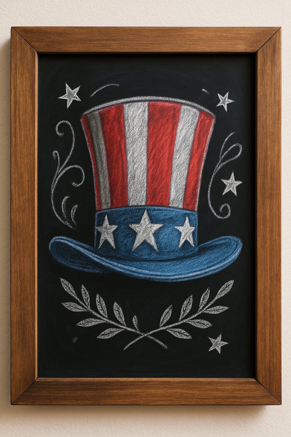 A wooden-framed chalkboard displaying an artistic illustration of Uncle Sam’s hat with patriotic decorative elements on a clean background.