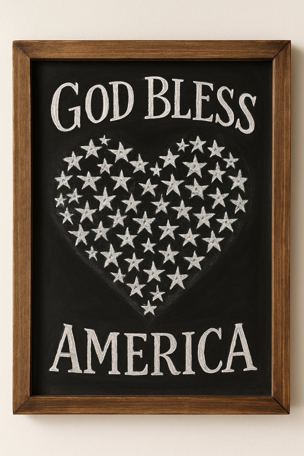 A wood framed chalkboard sign displaying a heart made of stars in the center with artistic lettering around it.