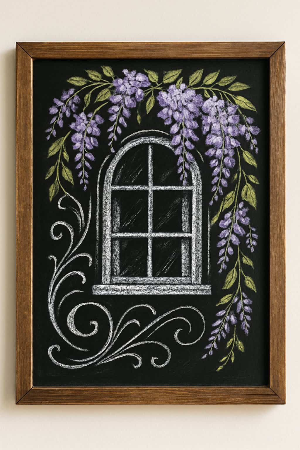 A wood framed chalkboard sign displayed near a cottage window with blooming wisteria flowers around it.