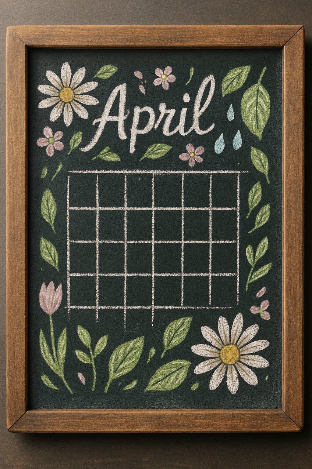 A wood-framed chalkboard displaying a hand-drawn April calendar with spring-themed doodles like flowers and raindrops.