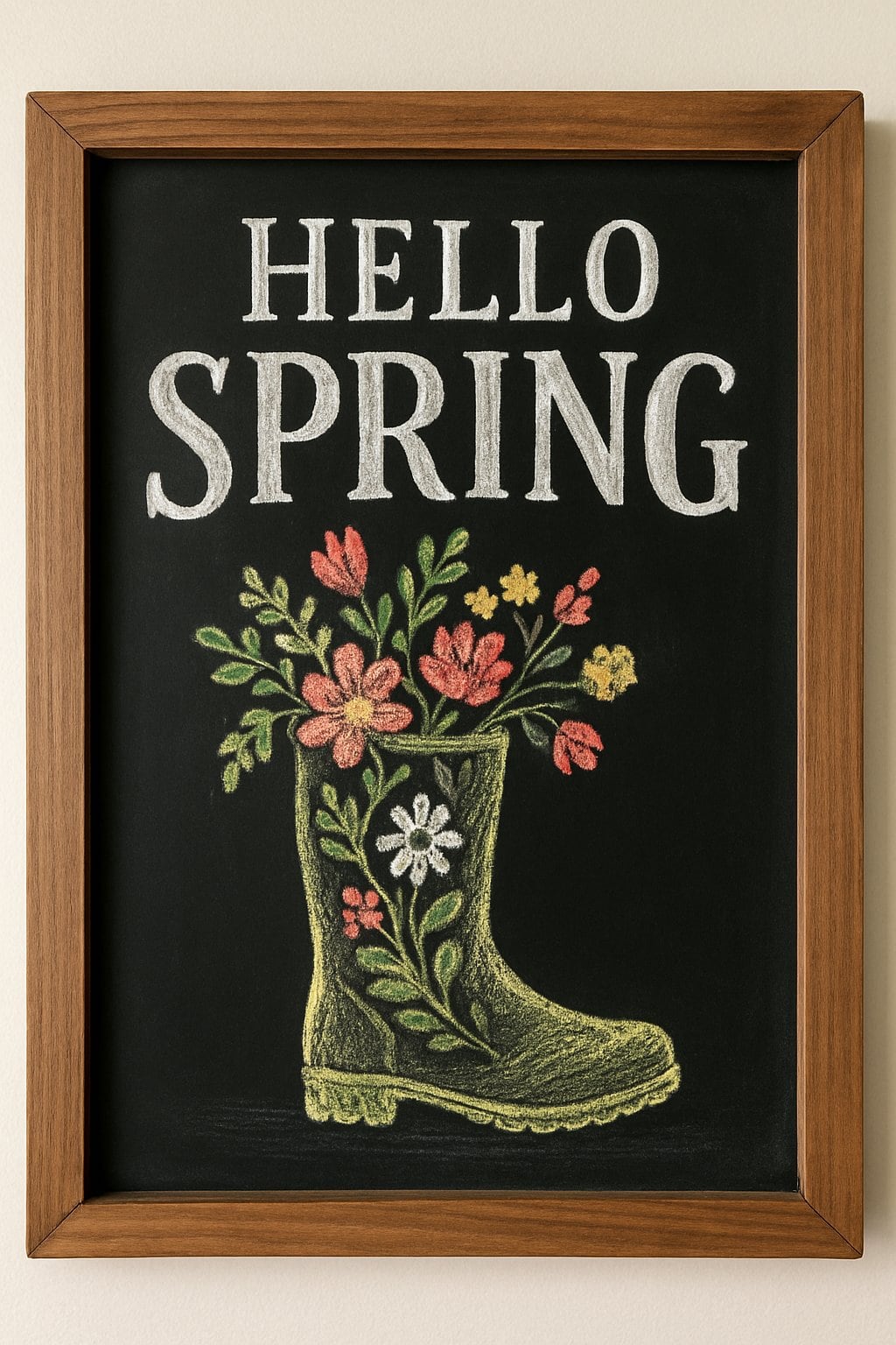 A wood framed chalkboard sign showing a pair of rain boots decorated with flowers and artistic chalk drawings on a clean background.