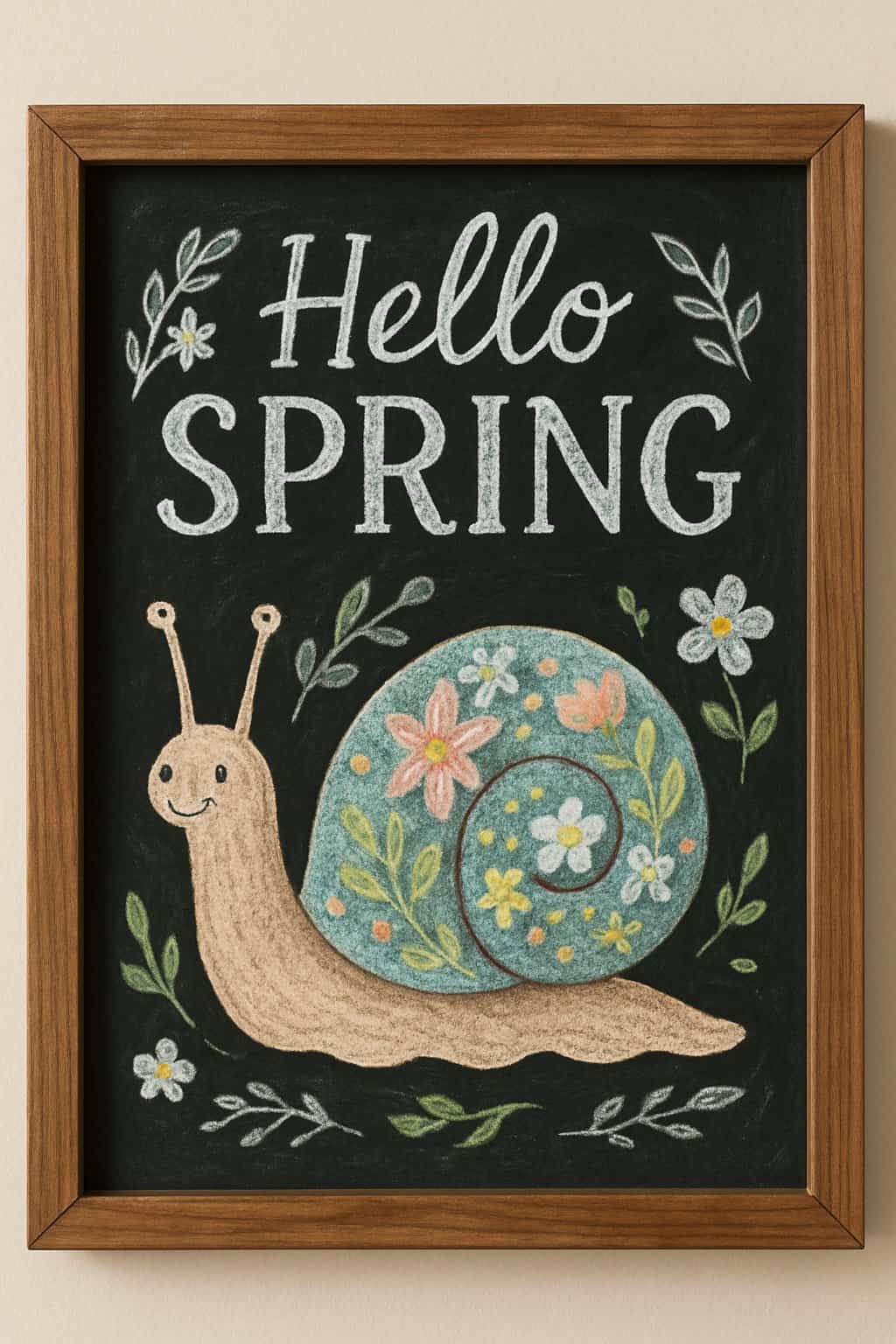 A wood framed chalkboard sign featuring an illustration of a snail with a spring-themed shell surrounded by floral and leaf decorations.