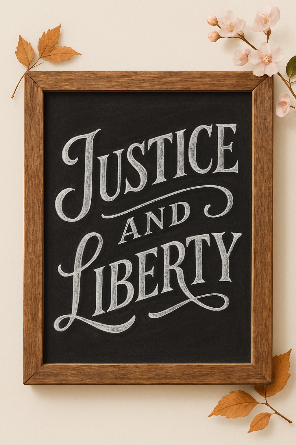 A wood framed chalkboard sign with artistic chalk lettering surrounded by subtle seasonal decorations on a clean background.