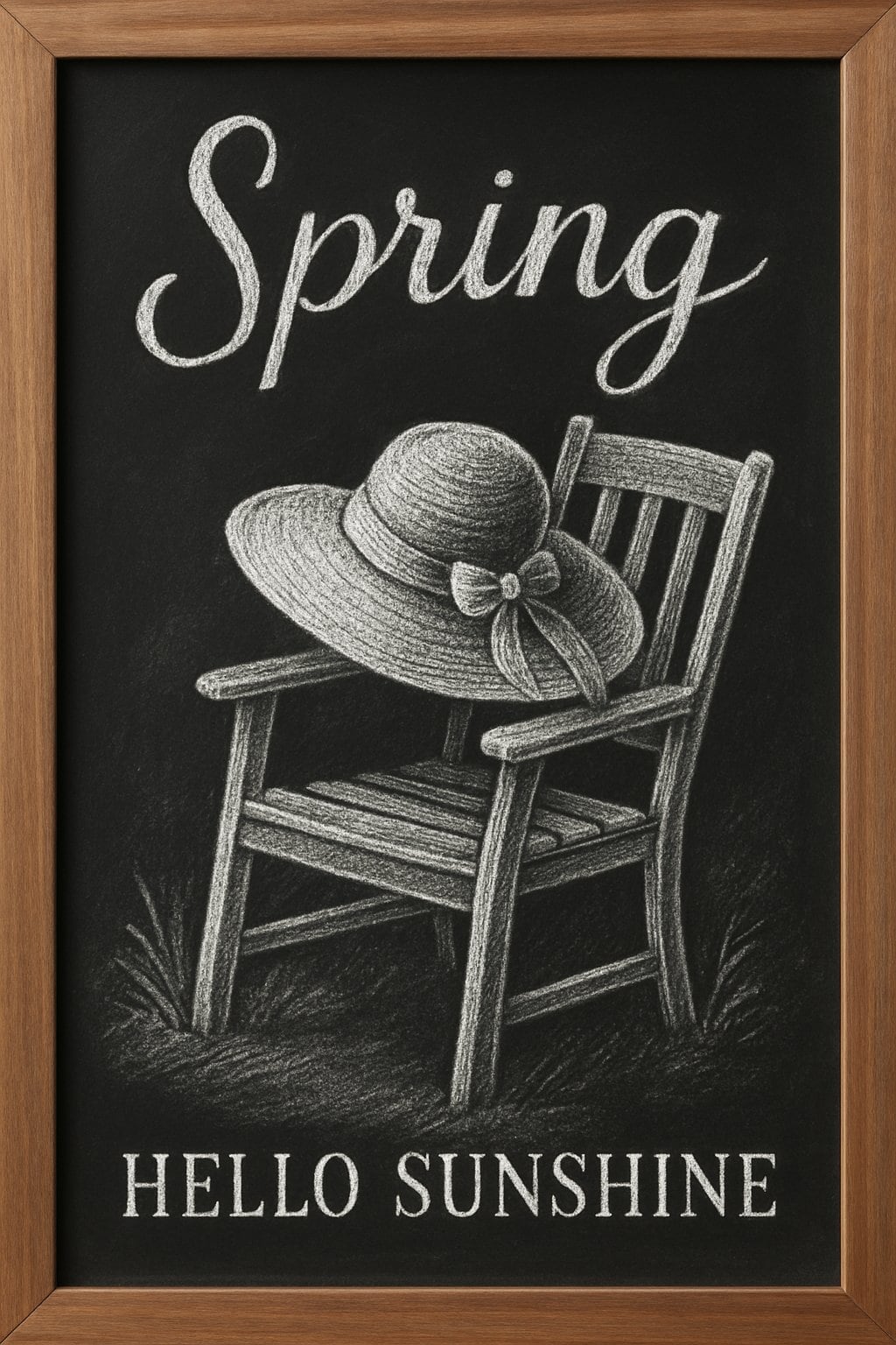 A chalkboard sign showing a drawing of a sun hat resting on a garden chair.