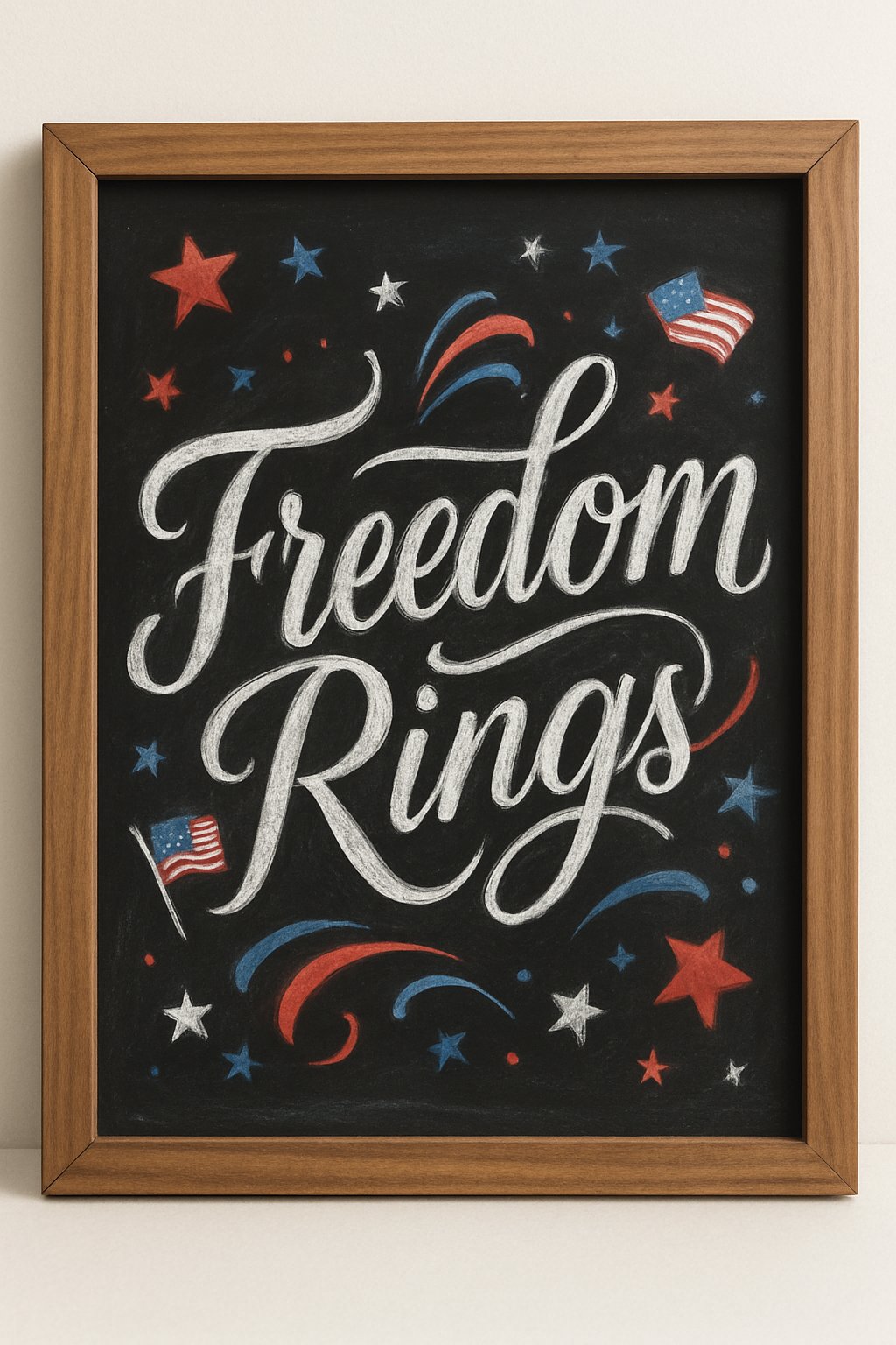 A wood framed chalkboard sign with artistic cursive lettering and patriotic decorative elements on a clean background.