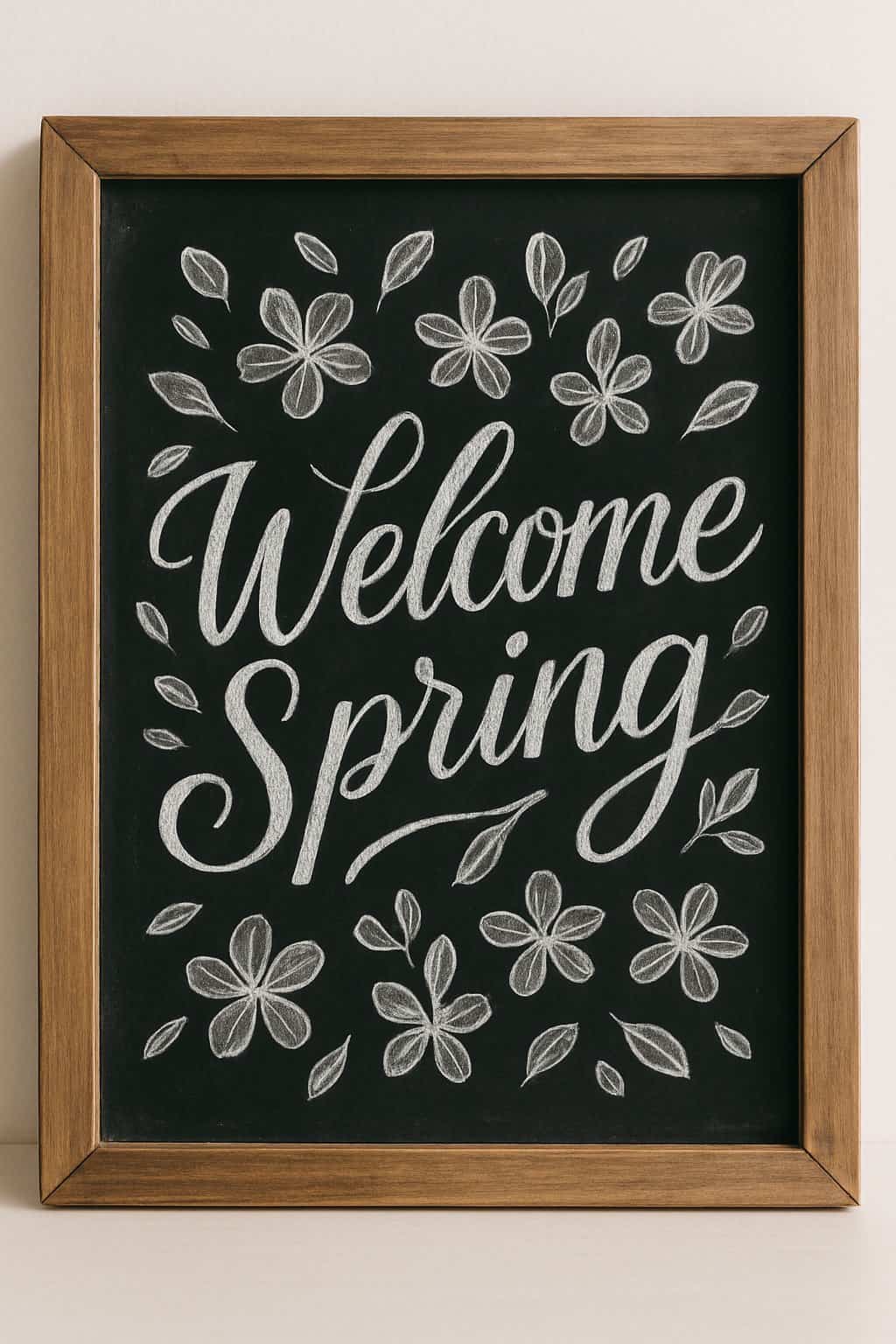 A wood framed chalkboard sign with cursive lettering surrounded by hand-drawn flower petals.