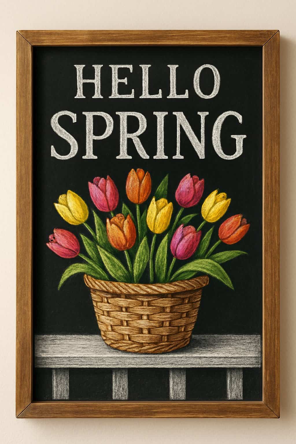 A basket of colorful tulips on a porch ledge next to a wood framed chalkboard sign.