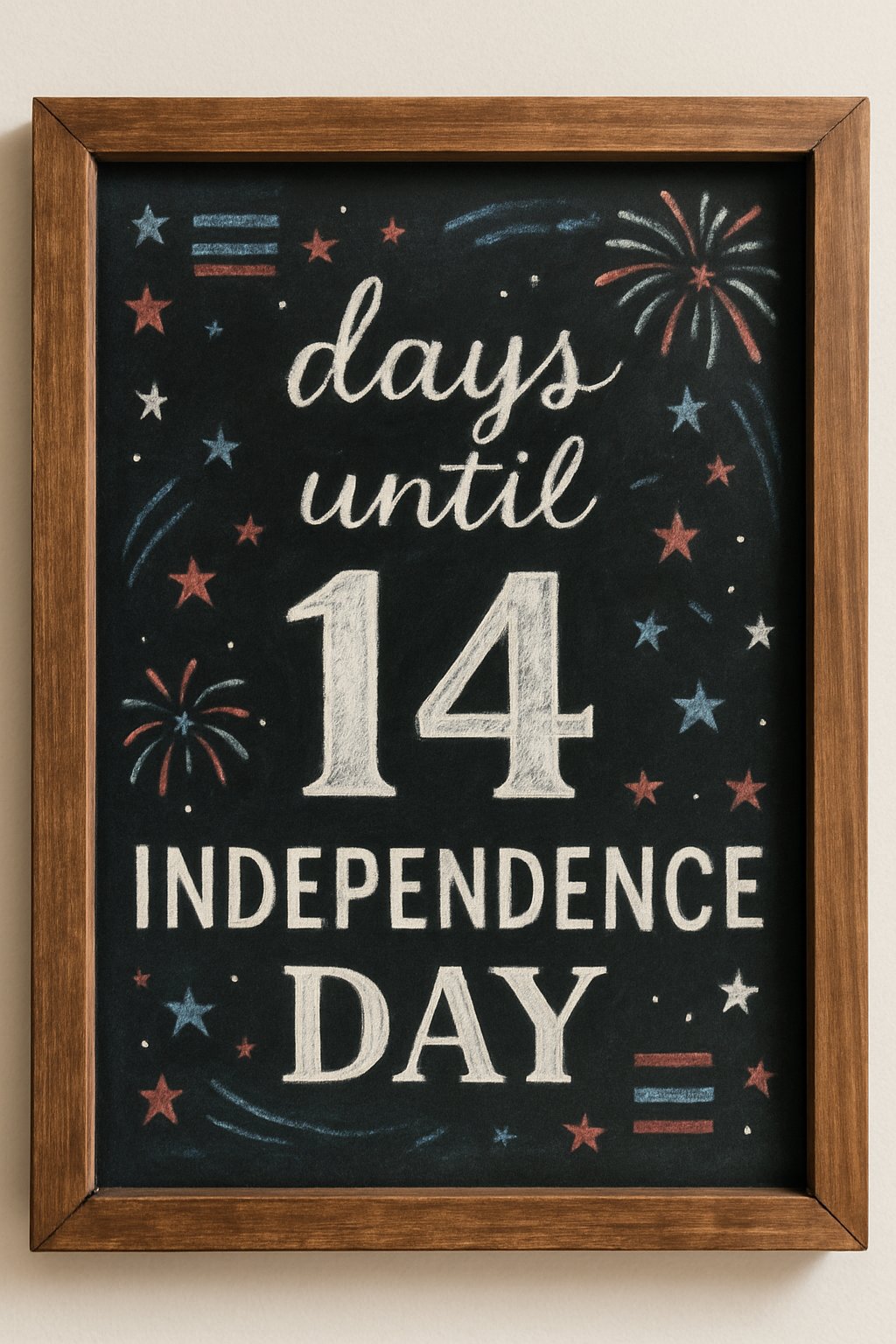 A wood framed chalkboard sign displaying a patriotic countdown number with decorative stars and fireworks motifs.