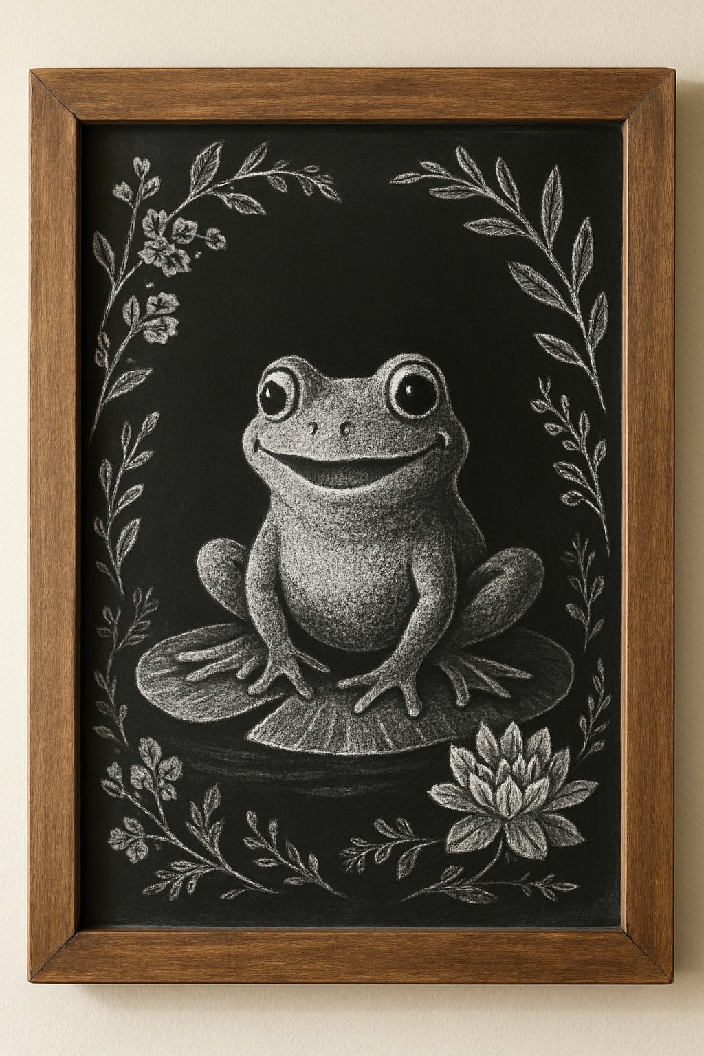 A chalkboard sign with a drawing of a happy frog sitting on a lily pad surrounded by spring flowers and greenery.