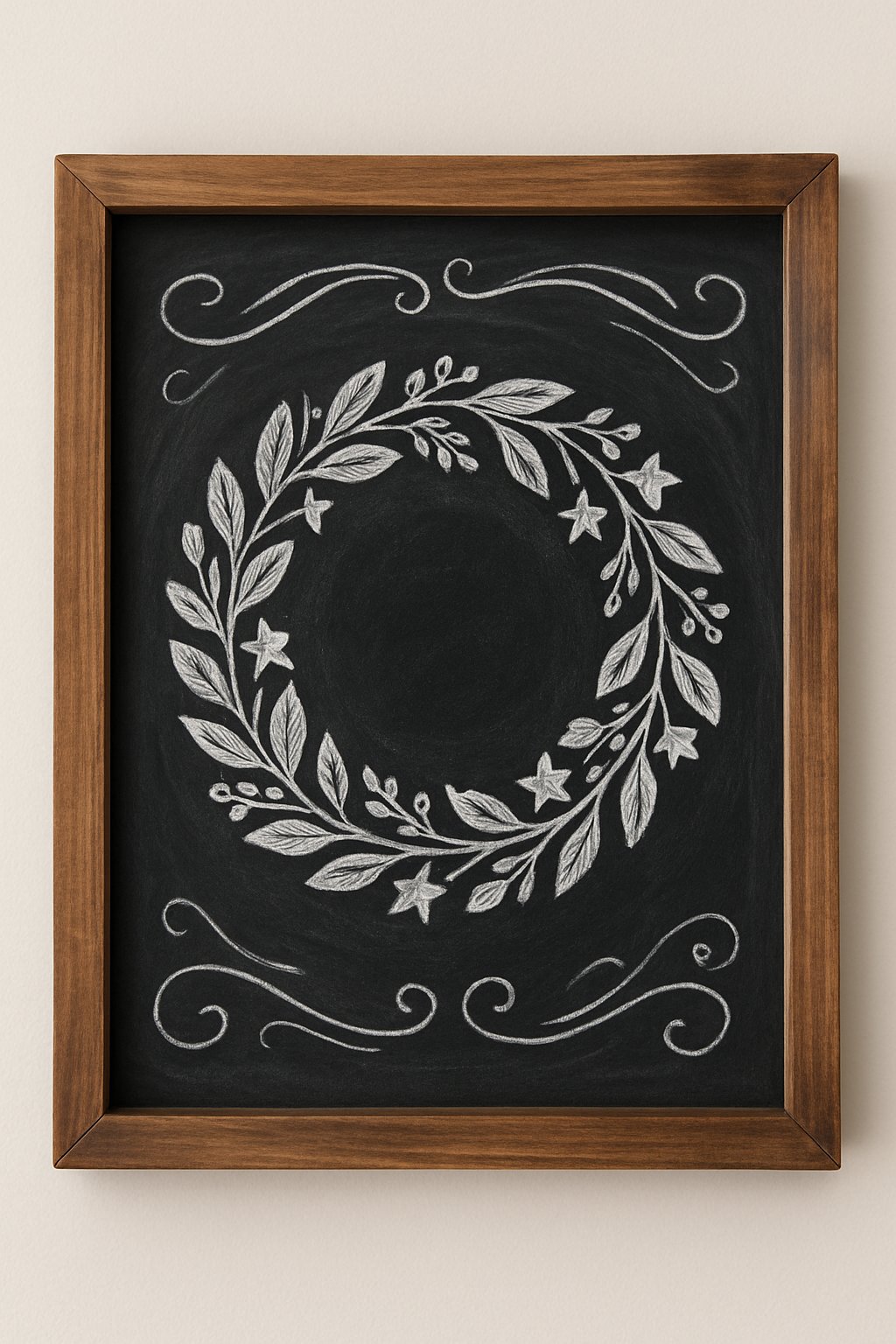 A wood framed chalkboard displaying a simple patriotic wreath made of leaves, stars, and flowers on a clean background.