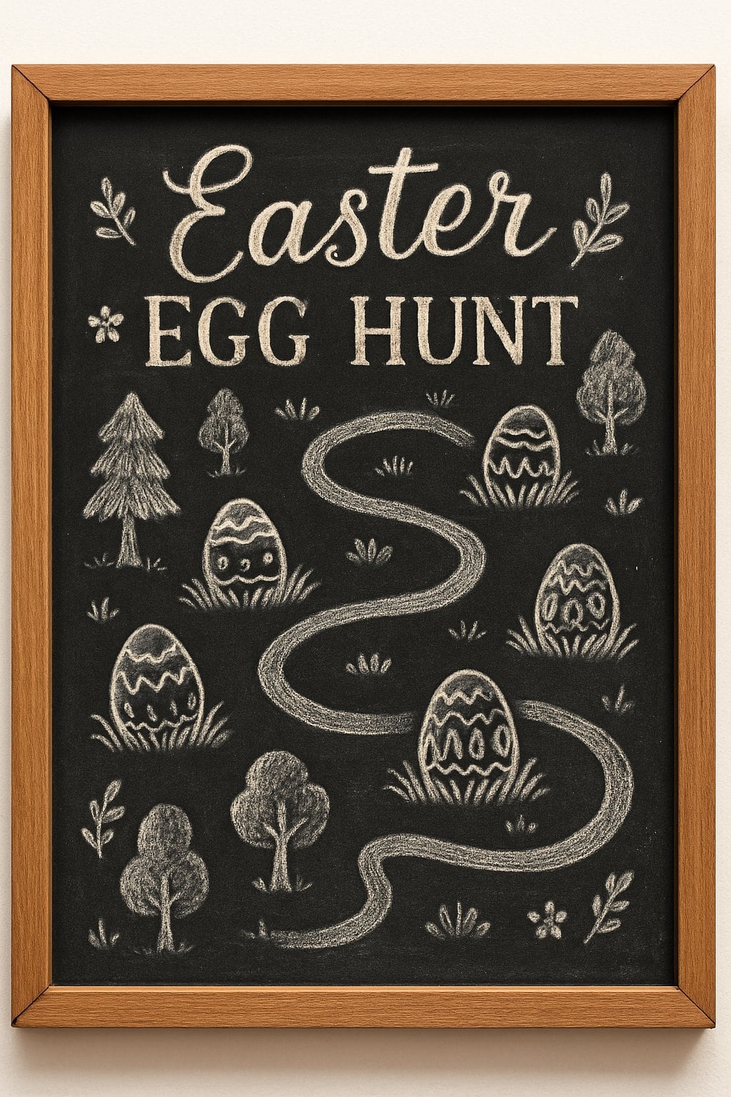 A chalkboard sign with a wood frame showing a map for an Easter egg hunt, including cartoon paths and trees.