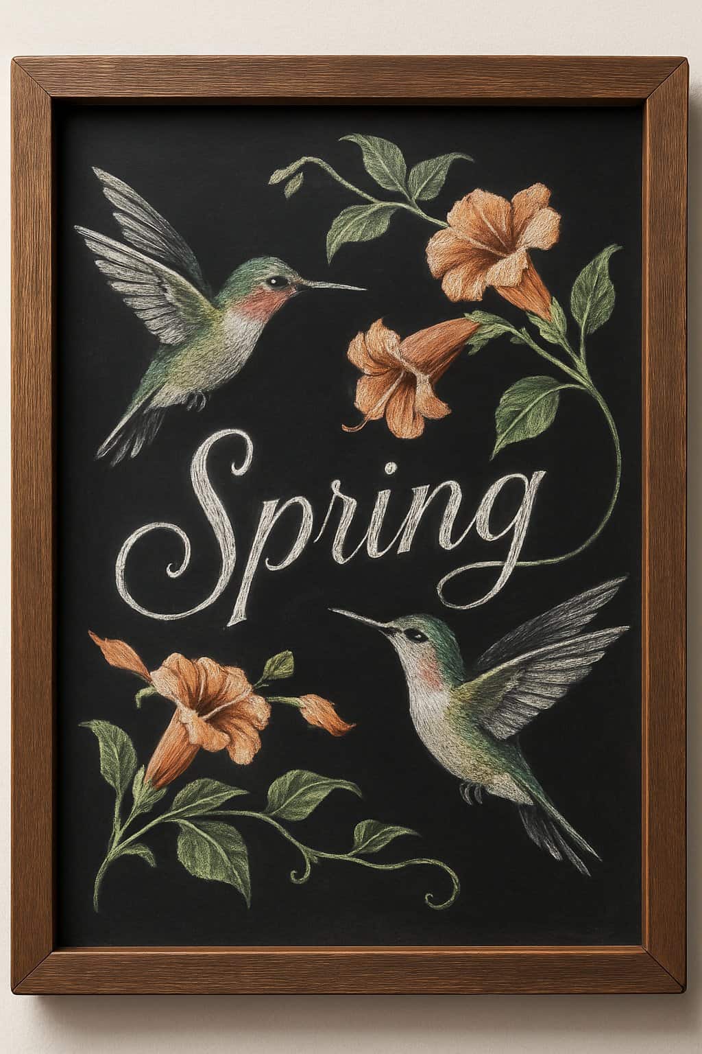 A chalkboard sign framed in wood featuring hummingbirds flying near trumpet flowers.
