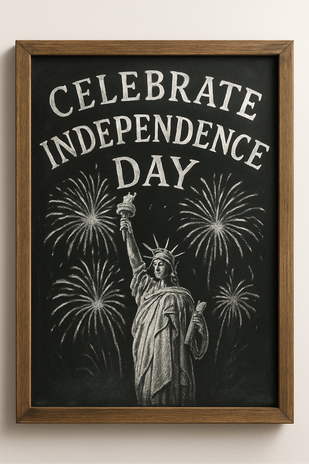 A chalkboard sign with a wood frame showing fireworks above the Statue of Liberty.