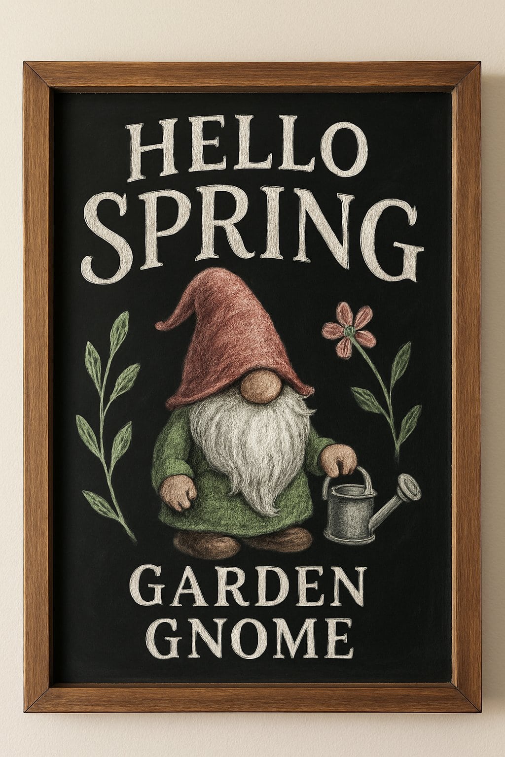 A garden gnome holding a tiny watering can illustrated on a wood framed chalkboard sign.