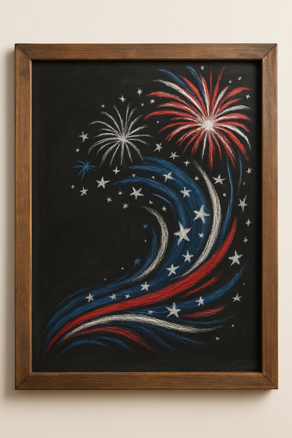 A wood framed chalkboard displaying an artistic design of fireworks bursting in waves.