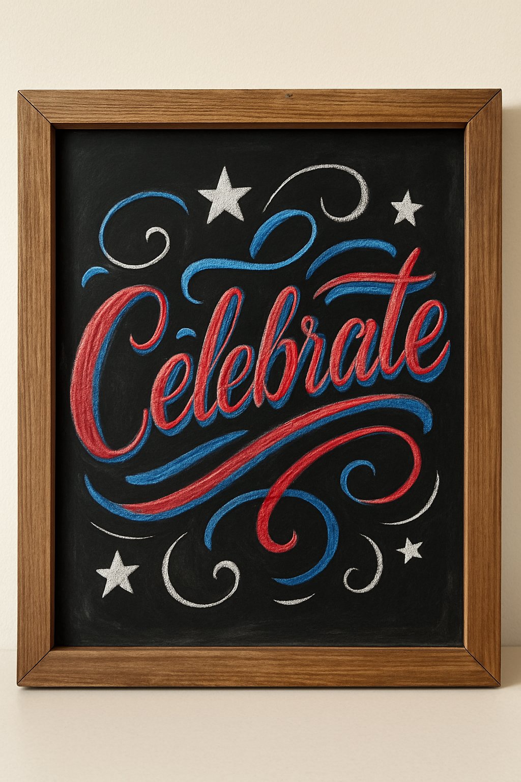 A wooden framed chalkboard sign with colorful red and blue artistic lettering on a clean background, illuminated by natural light.