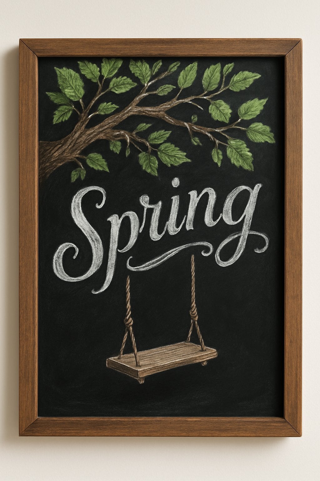 A chalkboard sign with a wooden frame showing a swing hanging from a leafy tree branch.