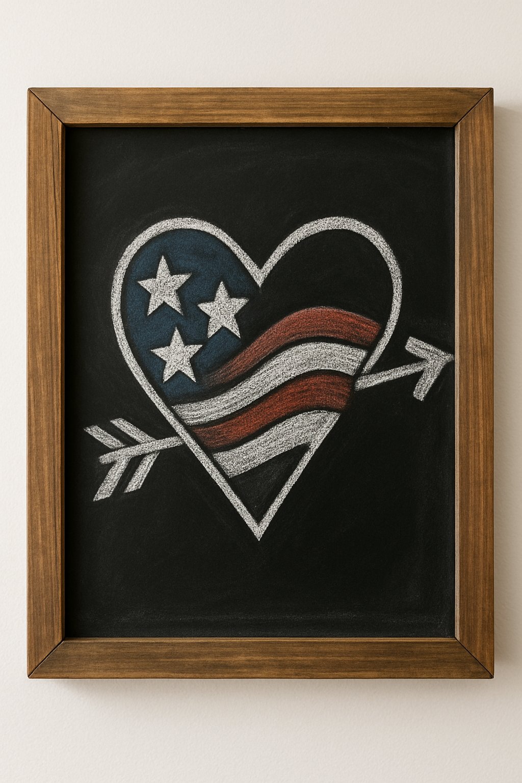 A wood framed chalkboard sign displaying artistic patriotic designs featuring a heart, arrow, and flag shapes on a clean background.