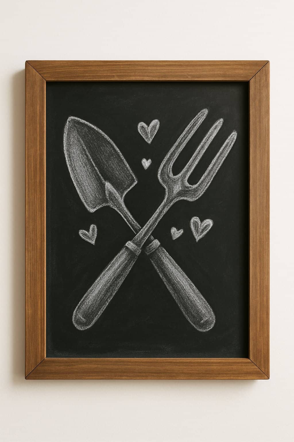 A wooden framed chalkboard displaying crossed gardening tools with heart decorations on a clean background.