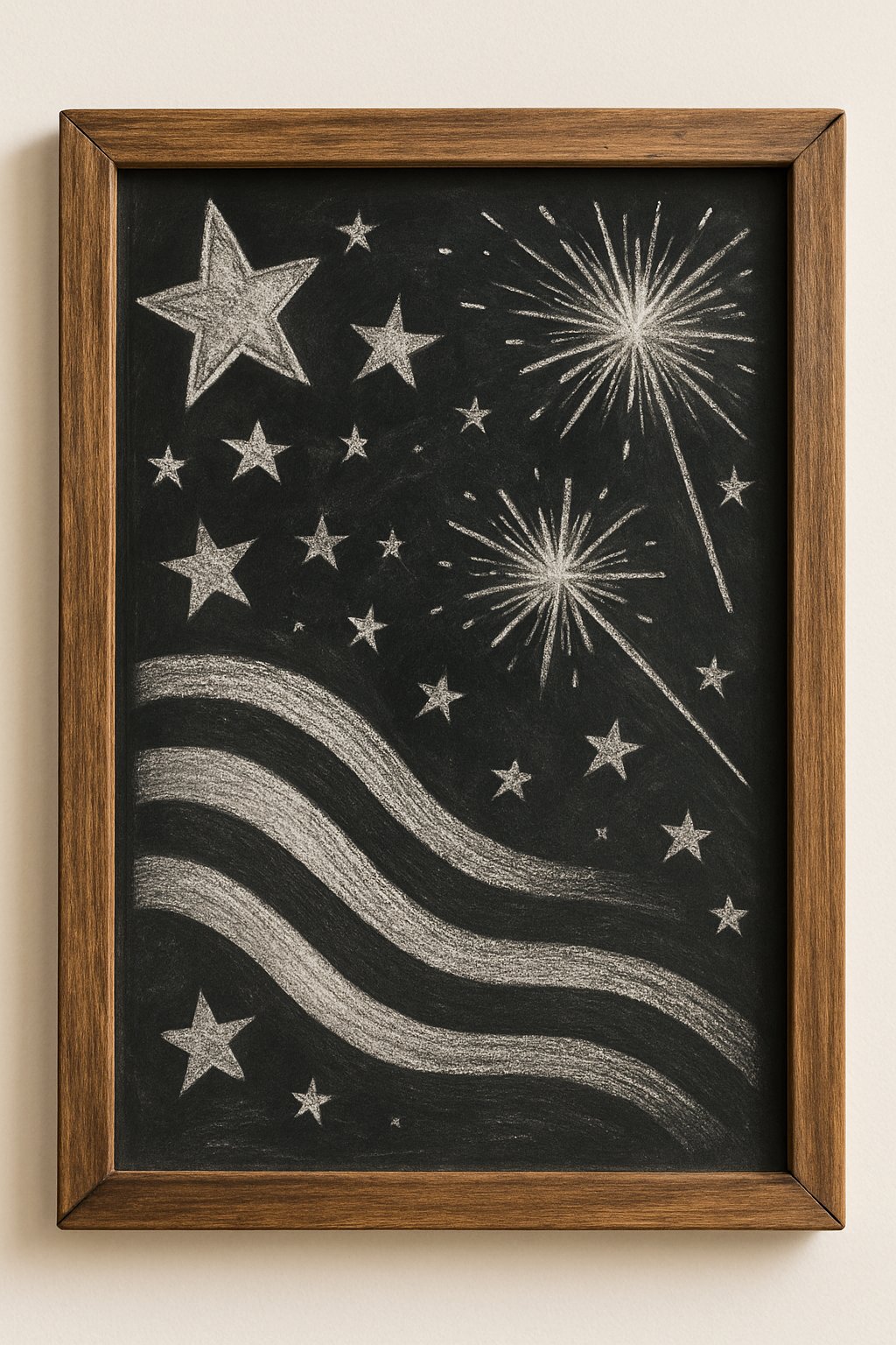 A wood framed chalkboard sign surrounded by subtle patriotic decorations including stars and sparklers, set against a clean background with natural light.