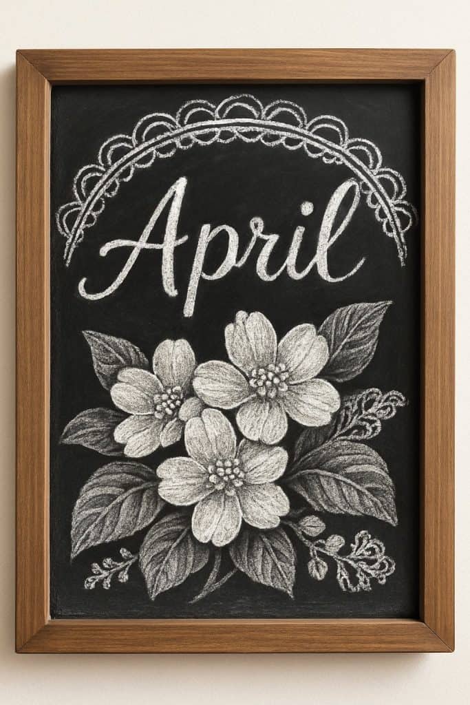 A framed chalkboard drawing features the word "April" in elegant script above detailed white flowers and leaves, with a decorative lace-like arch at the top.