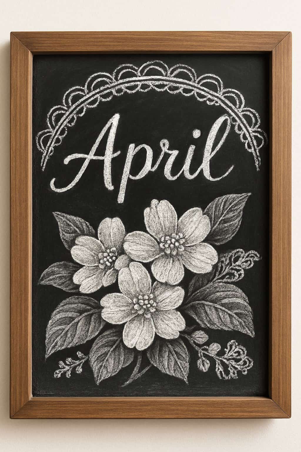 A wooden framed chalkboard with detailed floral designs and lace patterns surrounding artistic lettering.