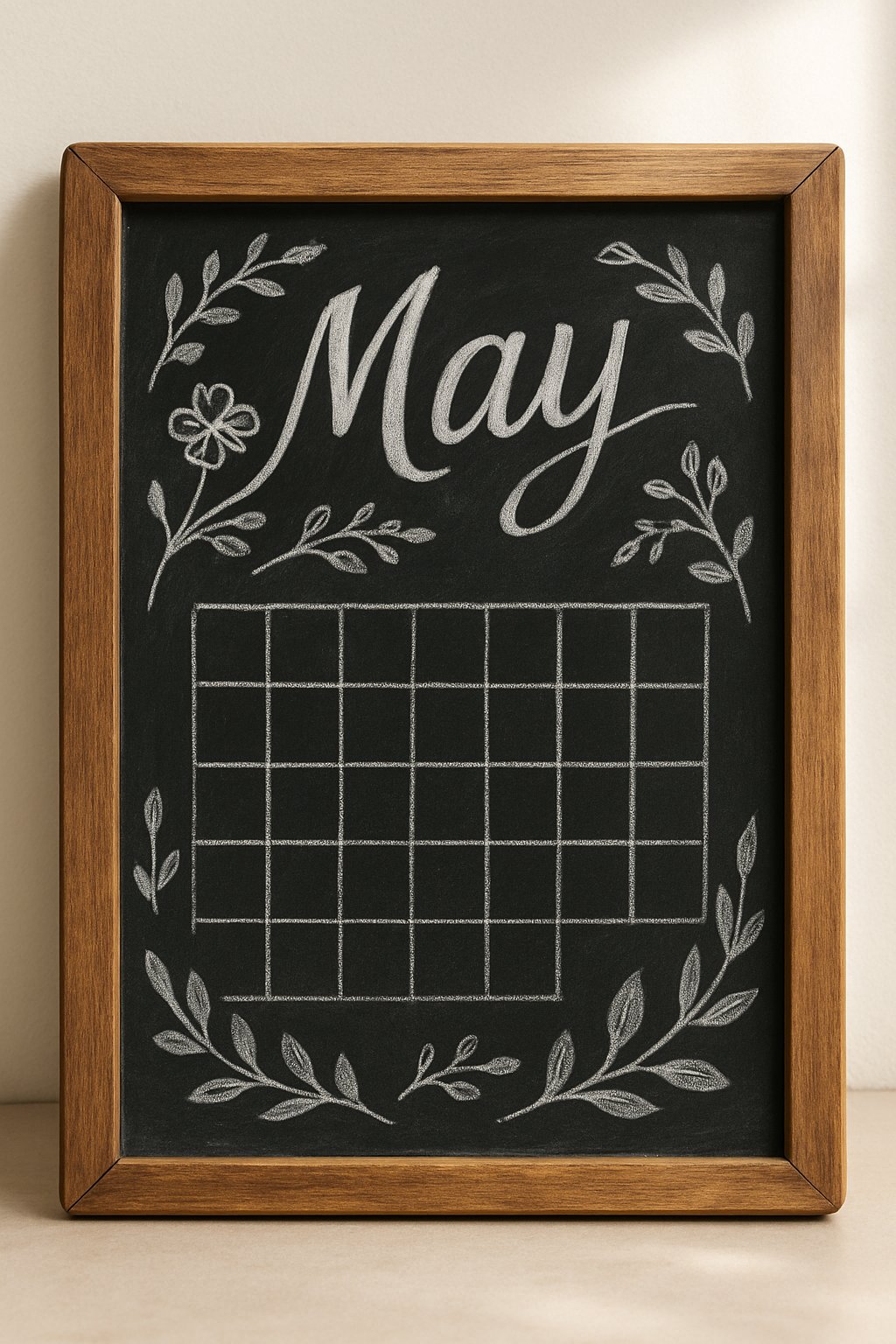 A wood-framed chalkboard sign displaying a hand-drawn May calendar with floral decorations, set against a simple background with natural light.