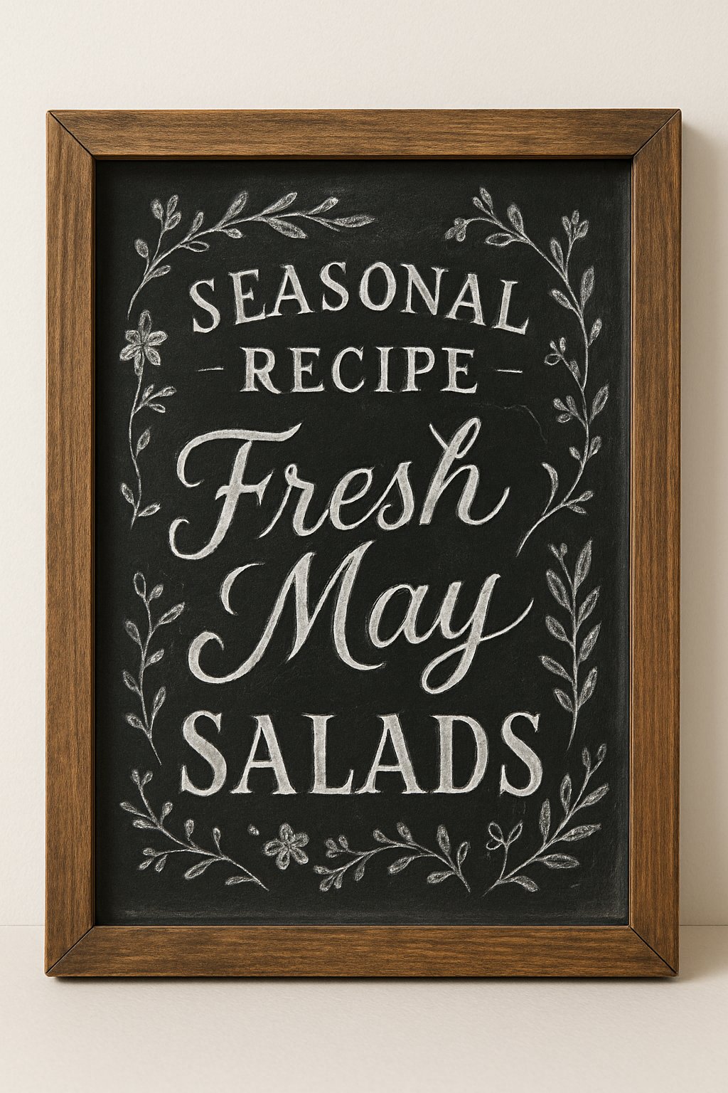 A wood framed chalkboard sign with artistic hand-drawn decorative elements suggesting fresh spring salads, set against a clean background with natural lighting.