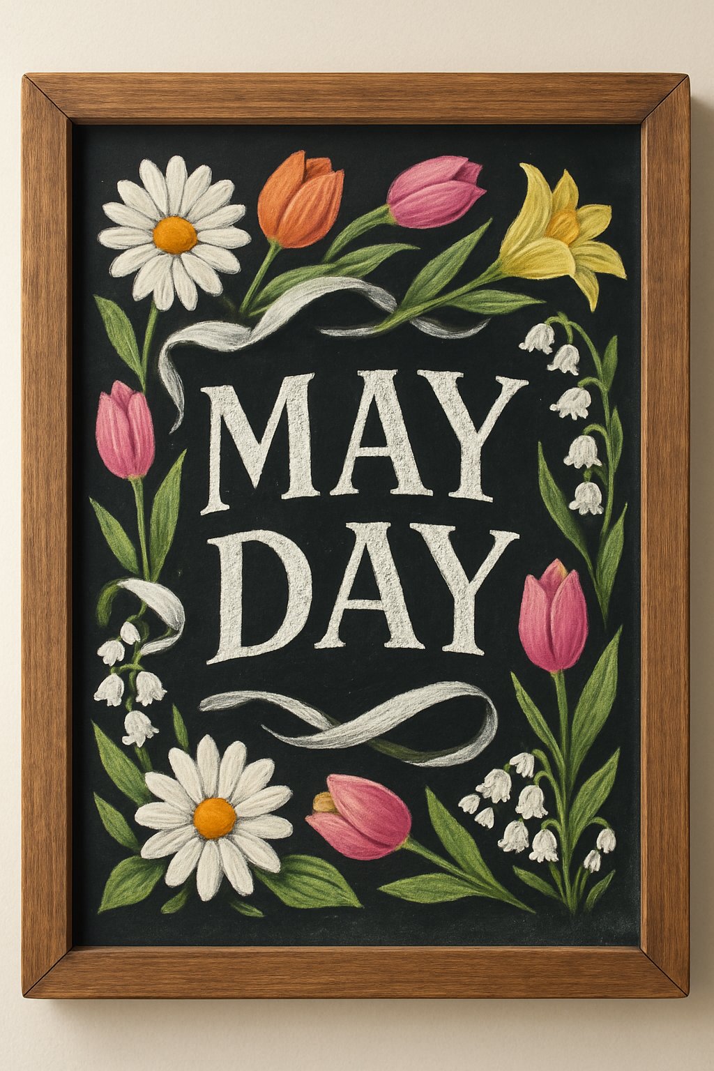 A wood-framed chalkboard with decorative ribbons and spring flowers arranged around the edges.