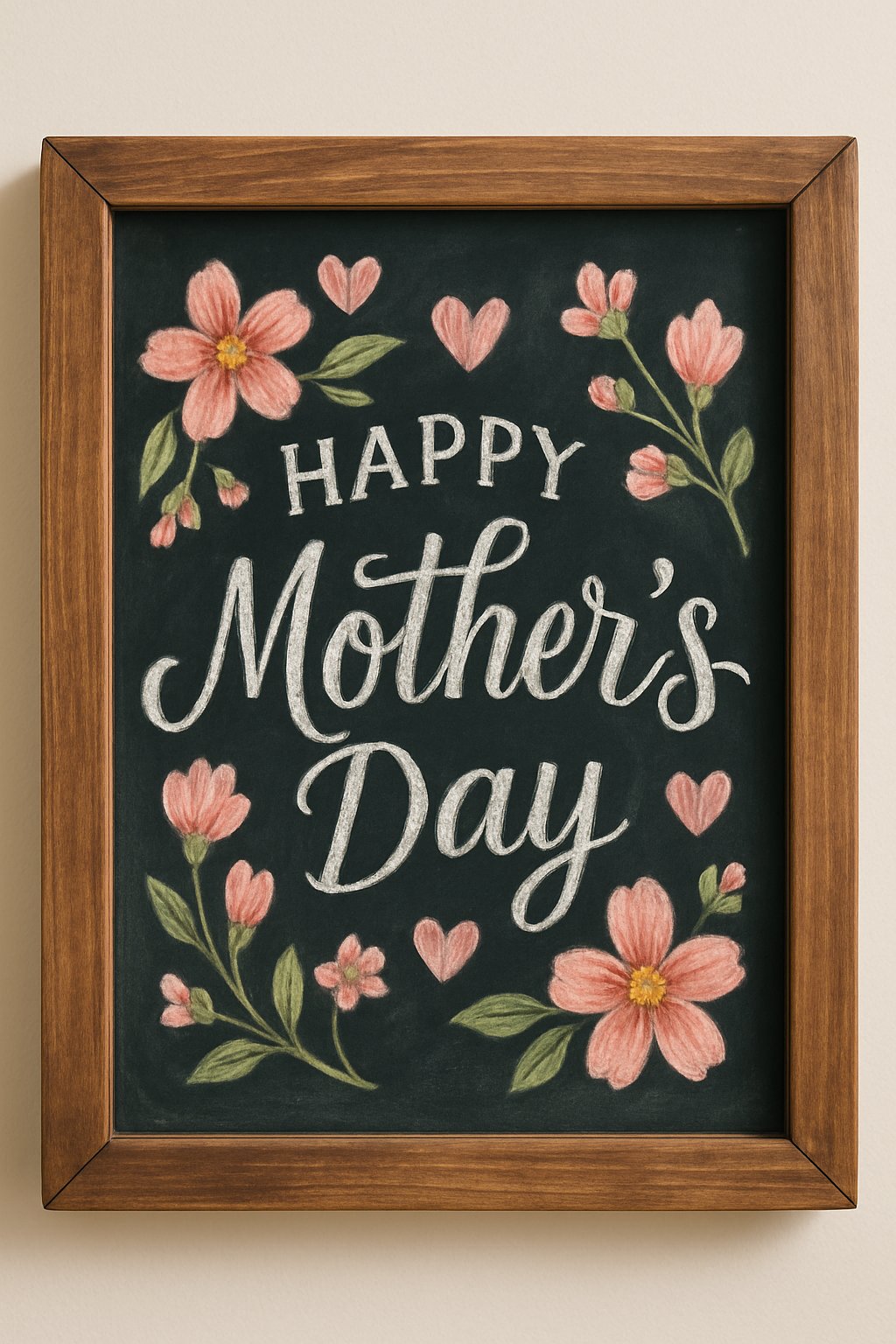 A wood framed chalkboard with hand drawn hearts and flowers surrounding decorative lettering.