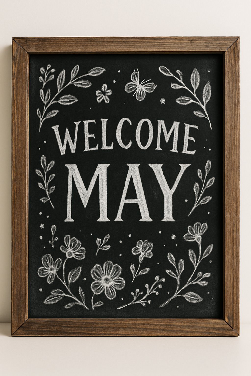 A wood-framed chalkboard sign decorated with spring flowers and butterflies, displayed on a clean surface.