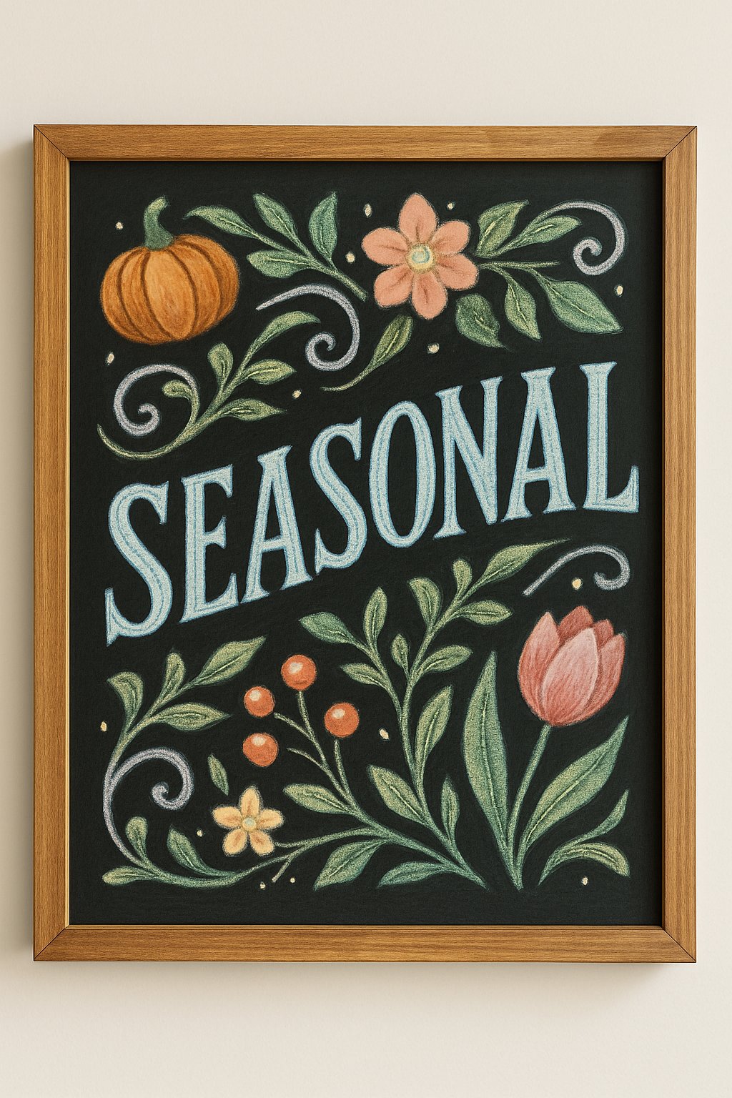 A wooden framed chalkboard with colorful chalk art and decorative patterns on a clean background.